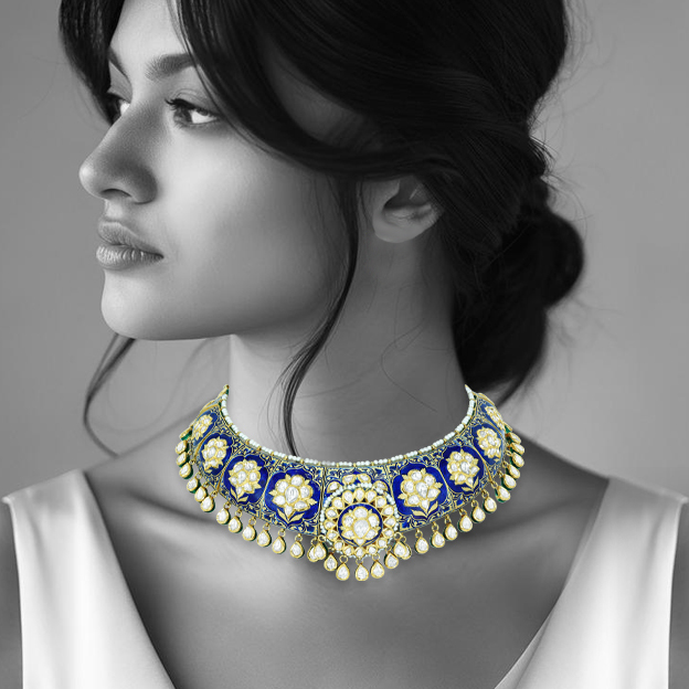 Polki Choker with Blue Enamel, Floral Motifs, and Pearls